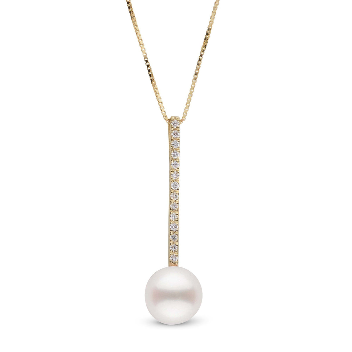 Diamond Bar Collection 7.5-8.0 mm Freshadama Pearl Pendant featuring a white freshwater pearl suspended from a vertical gold bar encrusted with small sparkling diamonds on a gold chain.