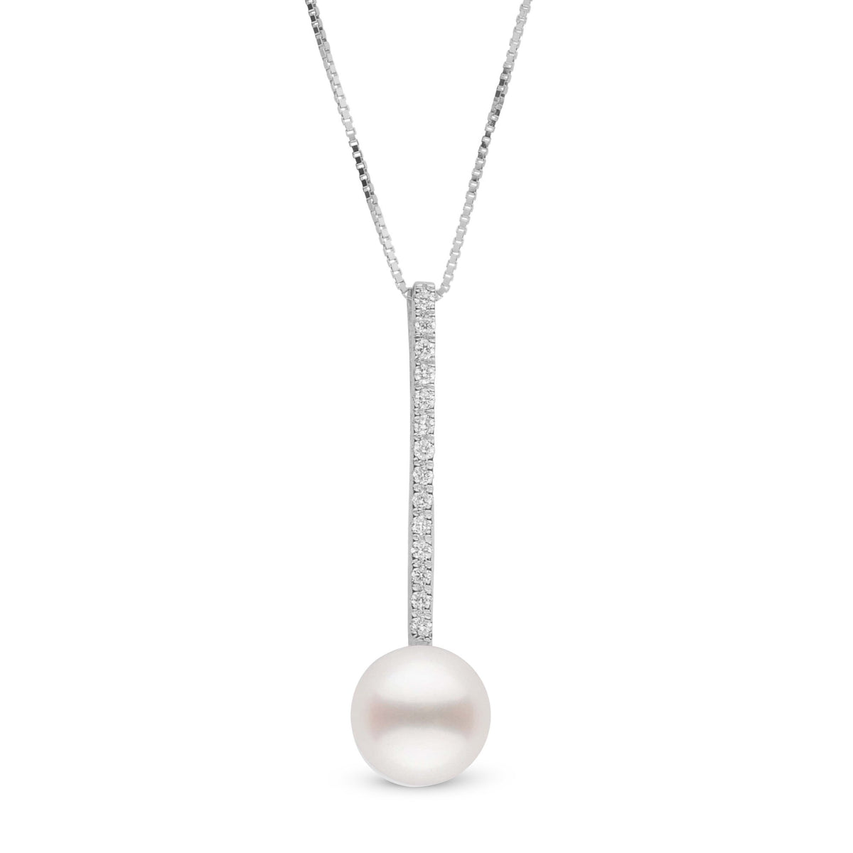 Elegant white freshwater pearl pendant featuring a vertical diamond bar on a delicate chain, showcasing the Diamond Bar Collection 7.5-8.0 mm Freshadama Pearl Pendant.
