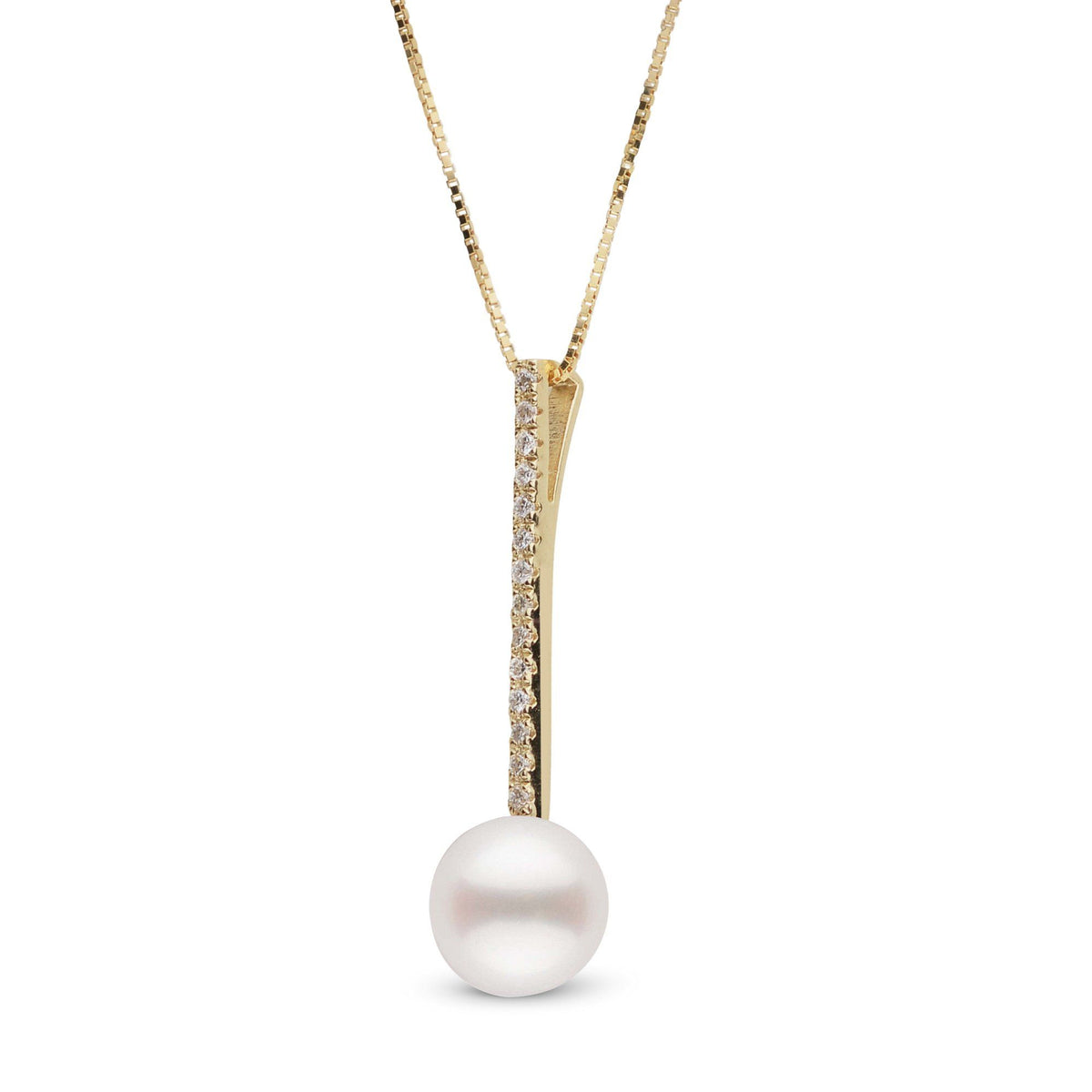 Diamond Bar Collection 7.5-8.0 mm Freshadama Pearl Pendant featuring a single white freshwater pearl suspended from a slender gold bar adorned with sparkling diamonds.