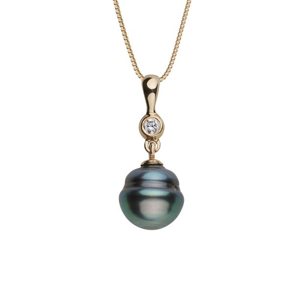 Romantic Collection 9.0-10.0 mm Tahitian Baroque Pearl and Diamond Pendant featuring a unique black baroque pearl with a sparkling bezel-set diamond on a gold chain.