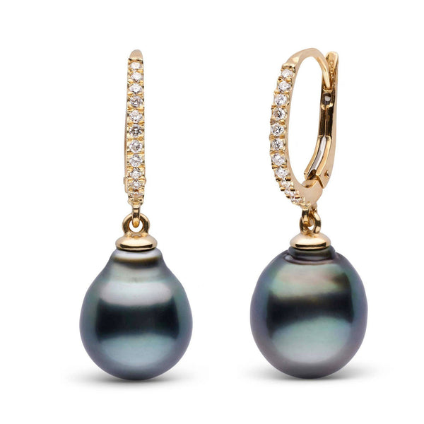 Sophisticated Eternal Collection Tahitian 11.0-12.0 mm Baroque Pearl & Diamond Dangle Earrings featuring lustrous dark pearls and sparkling diamonds on gold hoops.