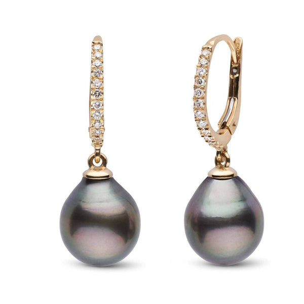 Eternal Collection Tahitian 11.0-12.0 mm Drop Pearl & Diamond Dangle Earrings featuring lustrous black Tahitian pearls and sparkling diamonds set on elegant gold hoops.