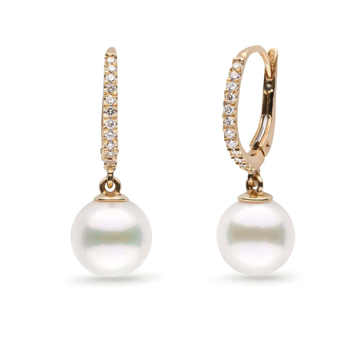 Eternal Collection White Freshadama Freshwater 8.5-9.0 mm Pearl & Diamond Dangle Earrings featuring sparkling diamond-studded gold hoops with lustrous white freshwater pearls.