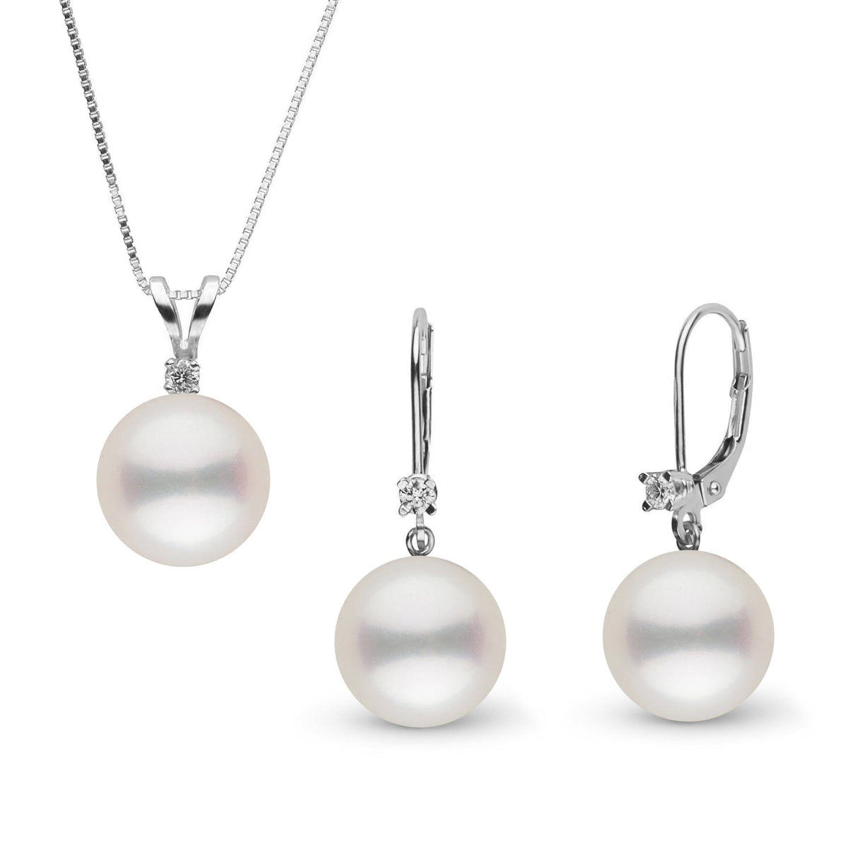 Elegant 8.5-9.0 mm White Freshadama Pearl and Diamond Harmony Pendant and Earrings Set featuring lustrous white pearls and sparkling diamonds on 14K white gold settings, perfect for special occasions.