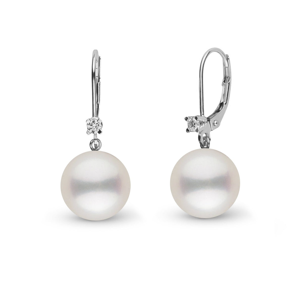 8.5-9.0 mm White Freshadama Pearl and Diamond Harmony Earrings featuring luminous white pearls and sparkling diamonds on elegant leverback settings, perfect for refined style.