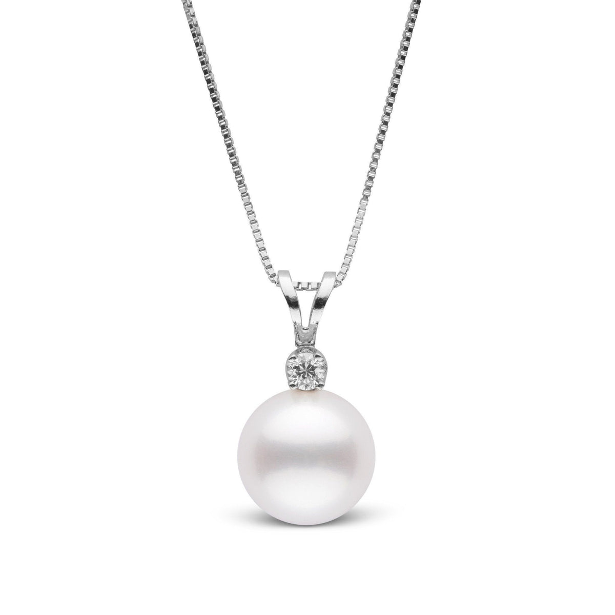 Harmony Collection 9.0-10.0 mm Freshadama Freshwater Pearl & Diamond Pendant featuring a lustrous white freshwater pearl accented with a sparkling diamond on a fine 14K white gold chain.