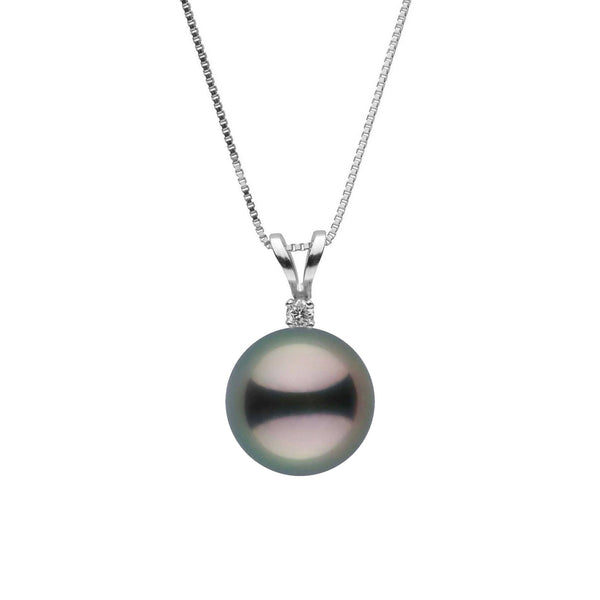 9.0-10.0 mm Tahitian Pearl and Diamond Harmony Pendant featuring a lustrous dark Tahitian pearl suspended from a delicate white gold chain with a sparkling diamond accent.