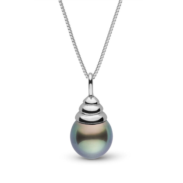 Honey Collection Tahitian Drop 9.0-10.0 mm Pearl Pendant featuring a lustrous dark Tahitian pearl with subtle green and purple overtones on a sleek white gold setting and chain.
