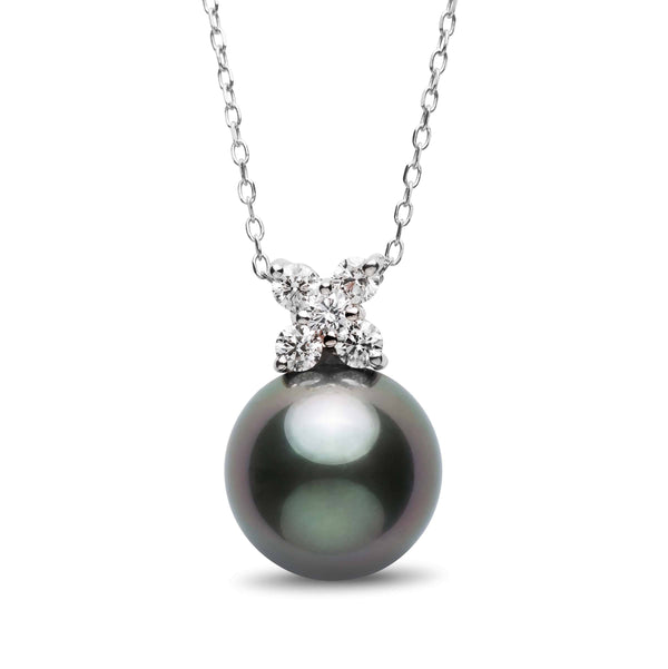Kiss Collection 12.0-13.0 mm Tahitian Pearl and Diamond Pendant featuring a dark Tahitian pearl with a cluster of sparkling diamonds on a delicate 14K white gold chain.