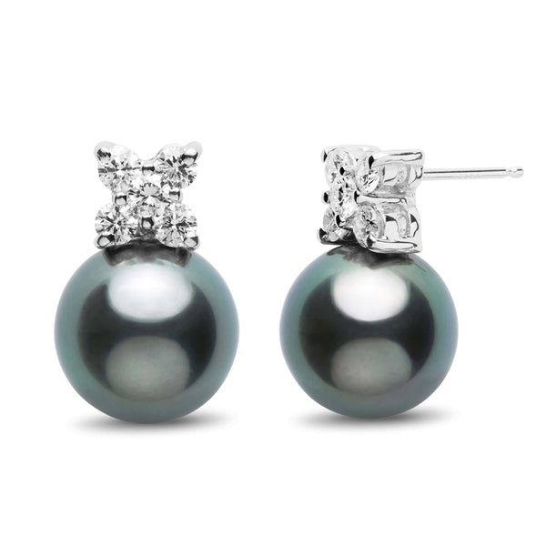 Kiss Collection Tahitian 11.0-12.0 mm Pearl and Diamond Stud Earrings featuring lustrous dark Tahitian pearls set below sparkling diamond clusters in elegant stud design.