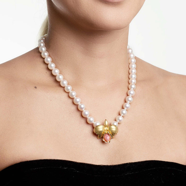 Monili Collection Cattleya Orchid Clasp with Natural Conch Pearl on Akoya Pearl Necklace