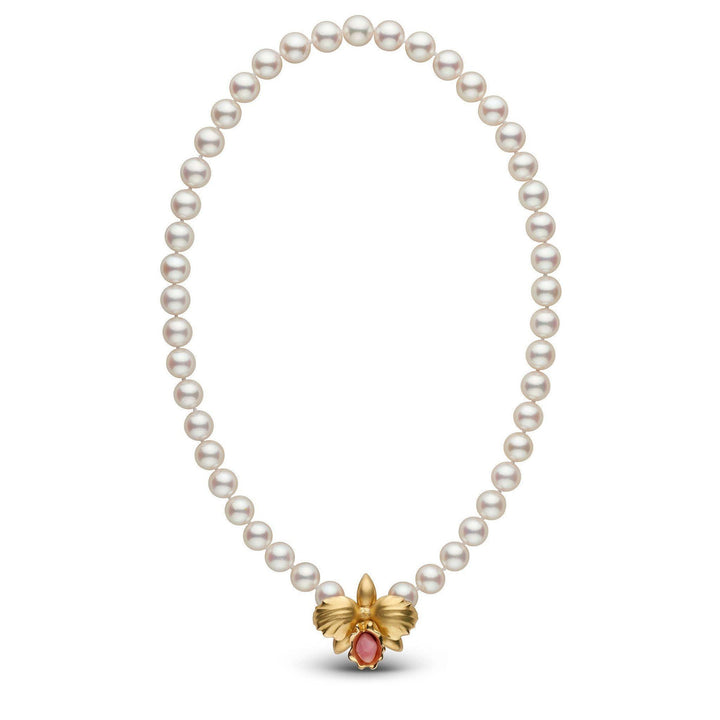 Monili Collection Cattleya Orchid Clasp with Natural Conch Pearl on Akoya Pearl Necklace