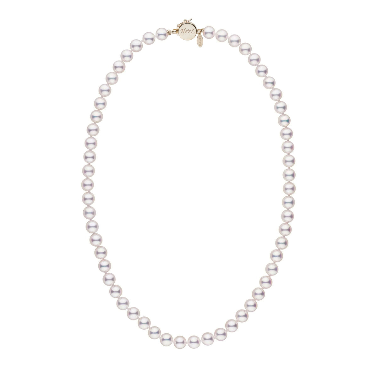 Personalized 18 Inch 7.0-7.5 mm Hanadama Akoya Pearl Circle Clasp Necklace featuring lustrous white pearls and a gold circle clasp, elegant cultured pearl jewelry.