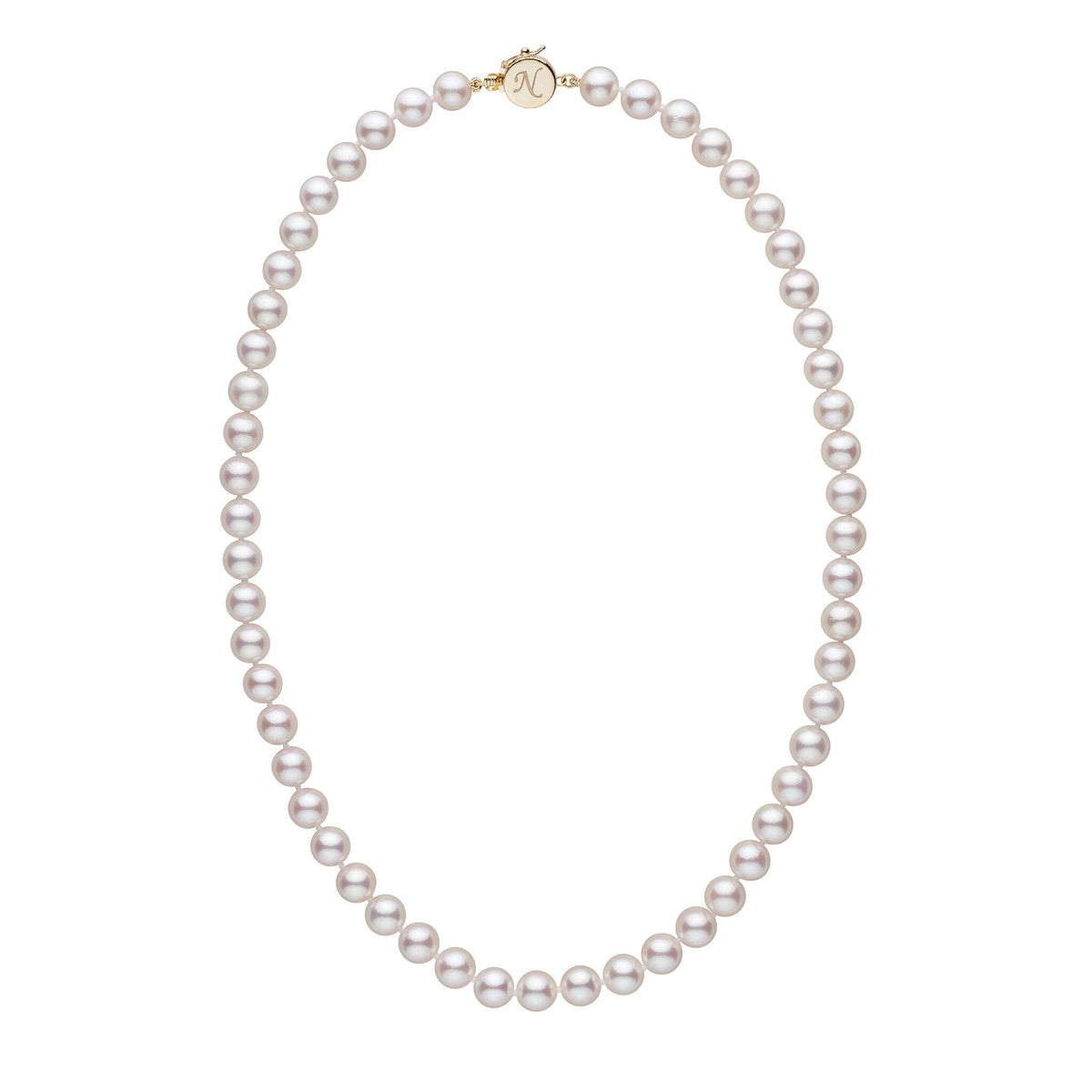 Personalized 18 Inch 7.5-8.0 mm AAA Akoya Pearl Circle Clasp Necklace with lustrous white pearls and a gold circle clasp engraved with the letter N.