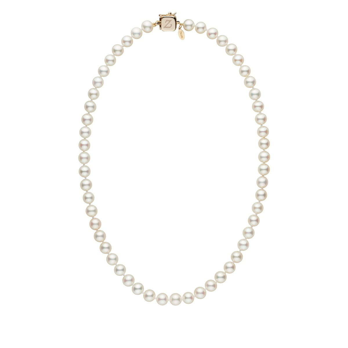 Personalized 7.5-8.0 mm White Freshadama Freshwater Pearl Square Clasp Necklace showcasing lustrous white freshwater pearls with a distinctive square clasp on a white background.