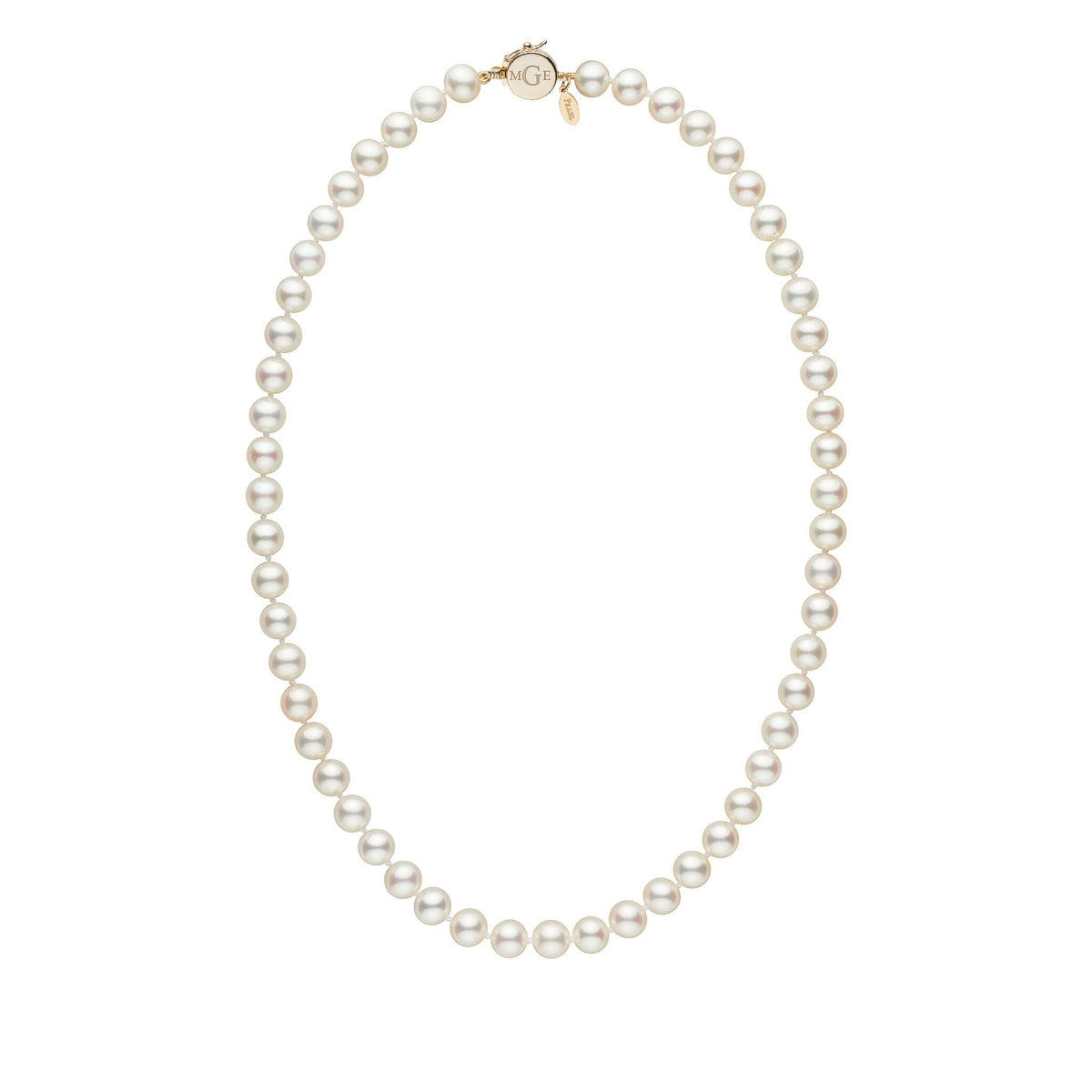 Personalized 7.5-8.0 mm White Freshadama Freshwater Pearl Circle Clasp Necklace with lustrous white pearls evenly strung and secured by a polished gold circle clasp.