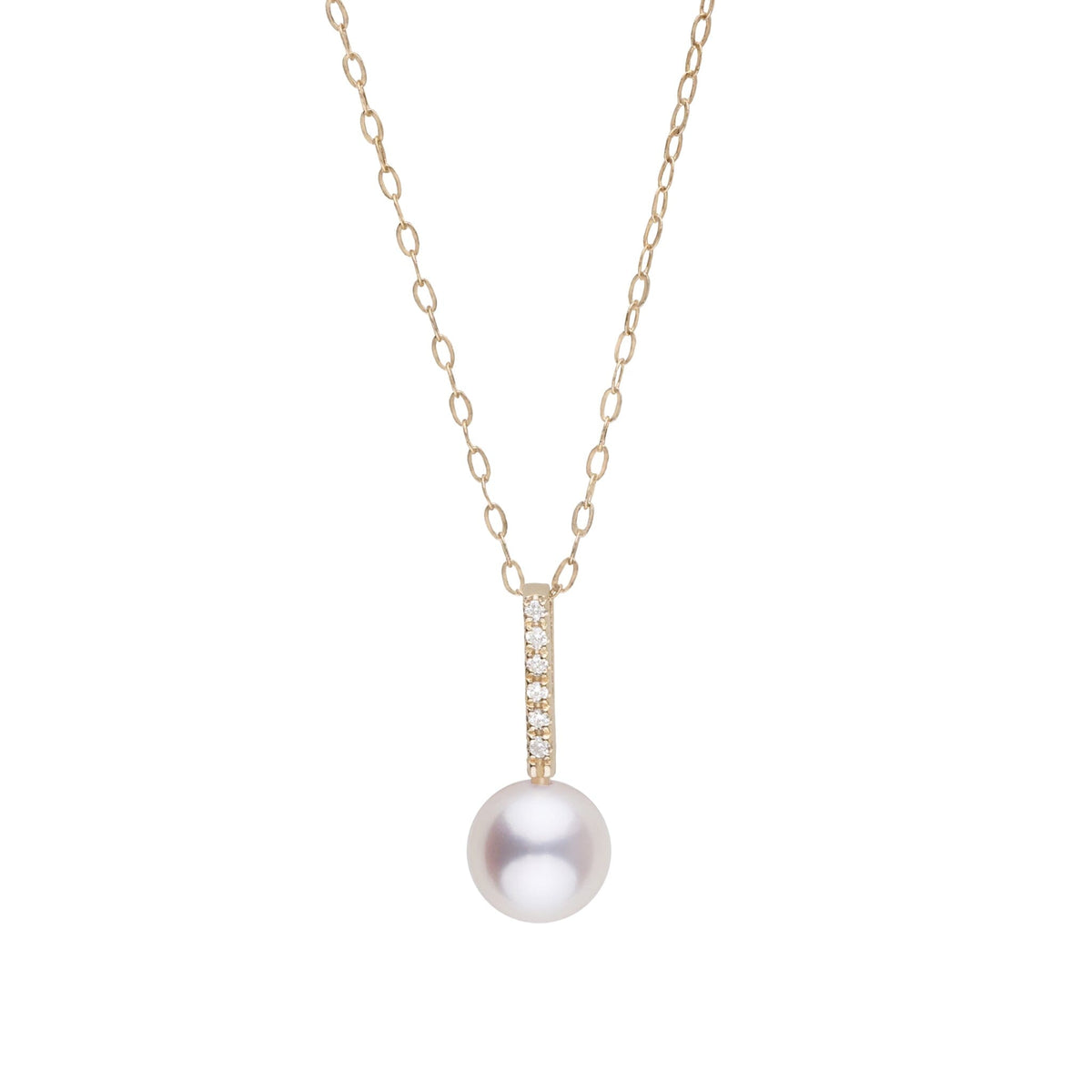 Petite Diamond Bar Collection 6.5-7.0 mm Freshadama Pearl and Diamond Pendant featuring a delicate gold chain with a small diamond-accented bar and a lustrous white pearl.
