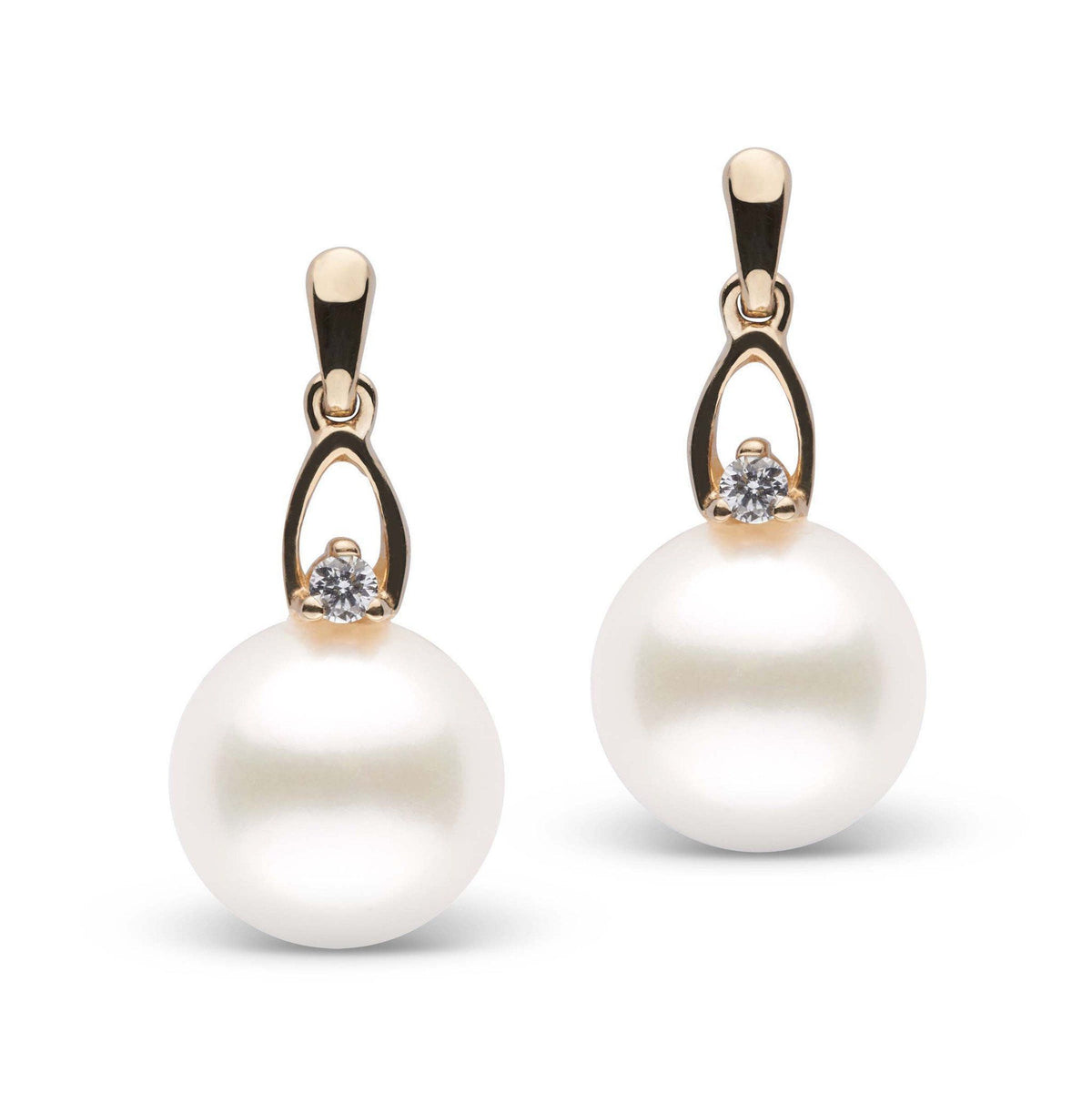 Juliet Collection 9.0-10.0 mm Freshadama Pearl and Diamond Earrings featuring round white pearls elegantly set with small sparkling diamonds and gold accents.