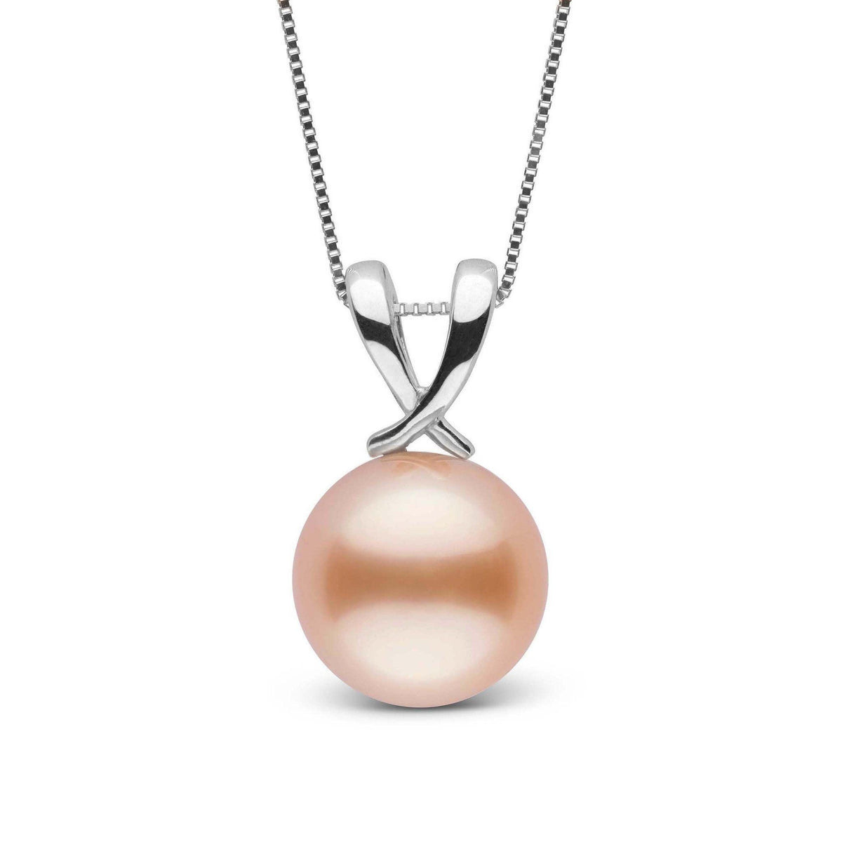 Ribbon Collection Pink to Peach 10.0-11.0 mm Freshadama Freshwater Pearl Pendant with a soft pink to peach pearl and elegant 14K white gold ribbon setting on a delicate chain