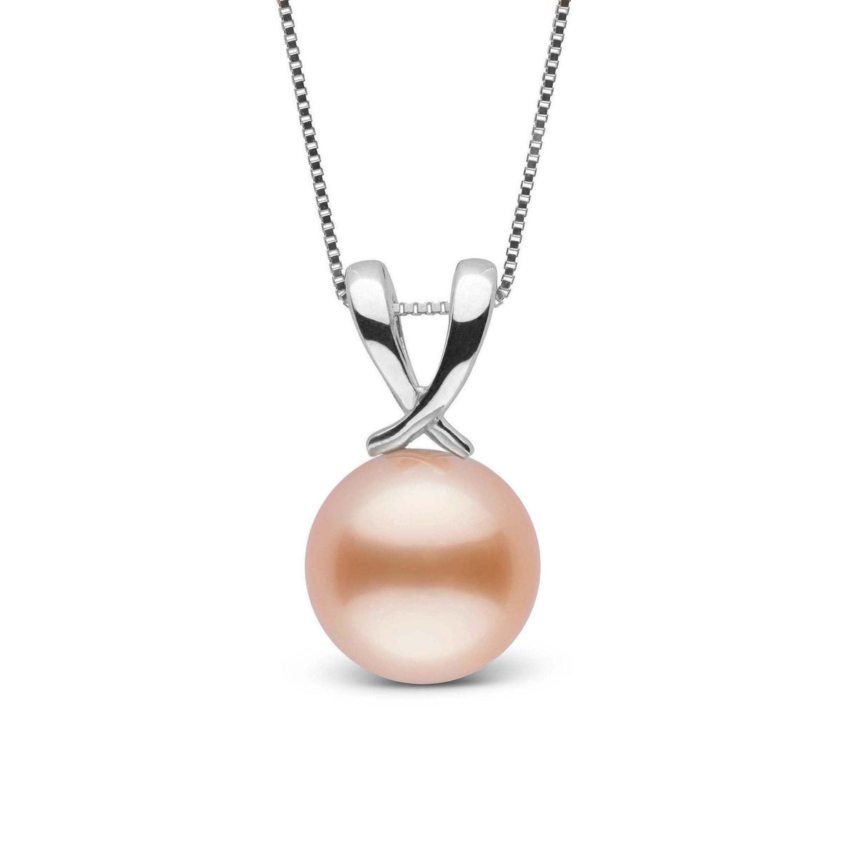 Ribbon Collection Pink to Peach 9.0-10.0 mm Freshadama Freshwater Pearl Pendant featuring a lustrous pink to peach freshwater pearl set in a sleek 14K white gold ribbon-inspired bail on a 14K white gold chain.