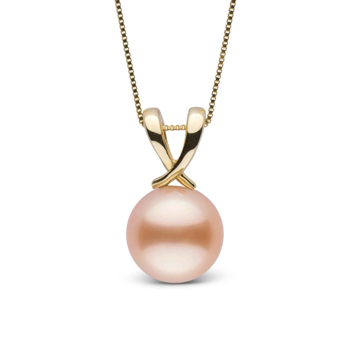 Ribbon Collection Pink to Peach 9.0-10.0 mm Freshadama Freshwater Pearl Pendant featuring a lustrous pink to peach freshwater pearl set in a polished gold ribbon-style bail on a delicate chain