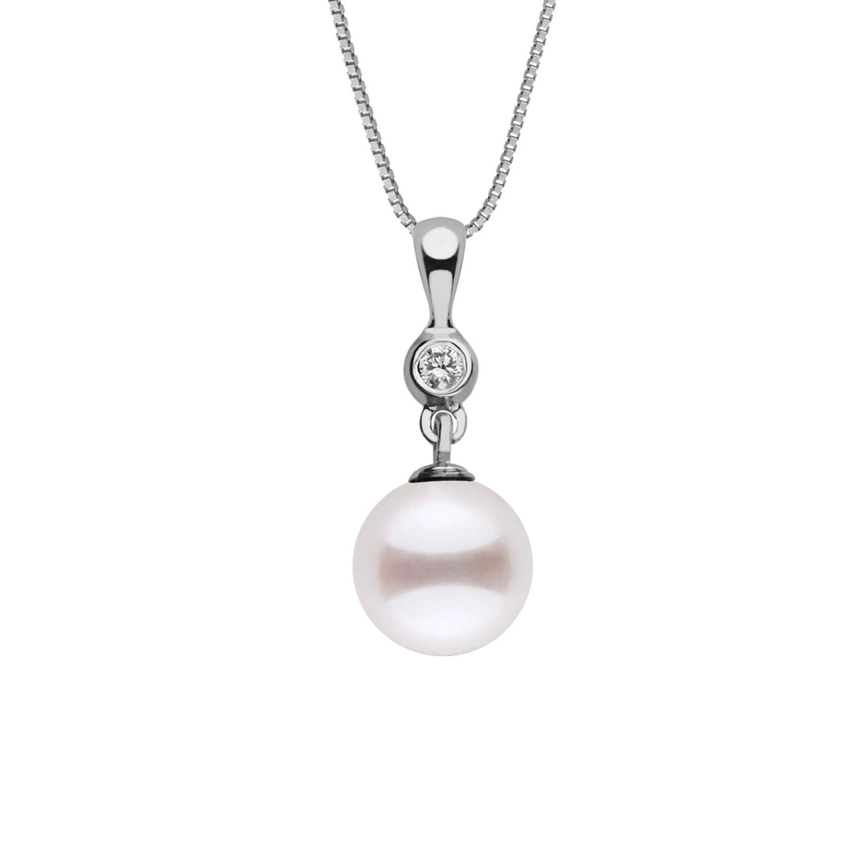 Romantic Collection White 8.5-9.0 mm AAA Akoya Pearl and Diamond Pendant featuring a lustrous white akoya pearl accented by a sparkling diamond on a delicate 14K white gold chain.