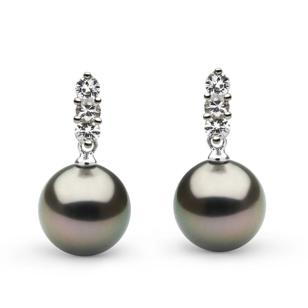 Trio Collection Tahitian 10.0-11.0 mm Pearl and Diamond Earrings featuring elegant dark Tahitian pearls accented with three sparkling diamonds on each earring.