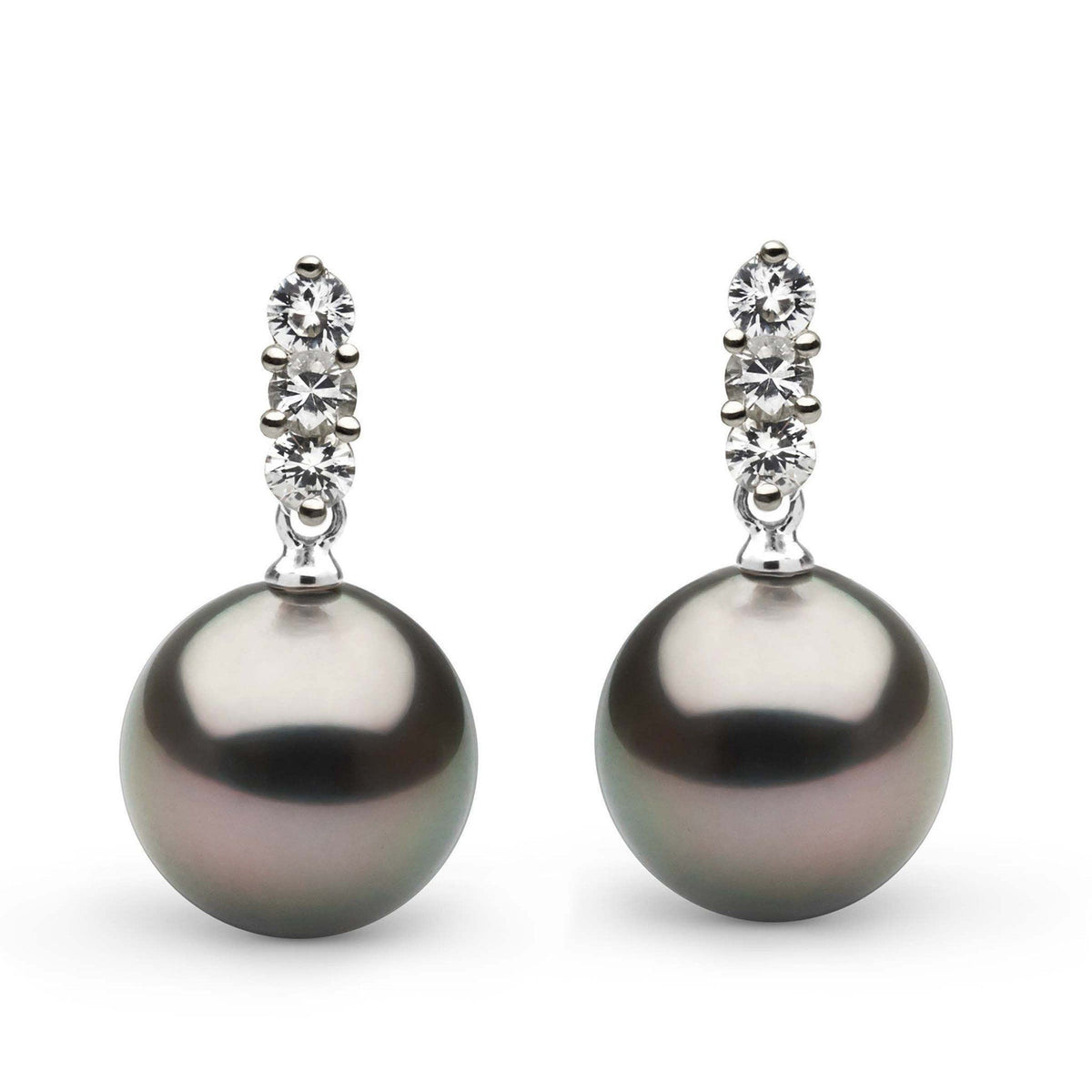 Trio Collection Tahitian 11.0-12.0 mm Pearl and Diamond Earrings featuring lustrous dark Tahitian pearls and sparkling round diamonds set in polished metal.