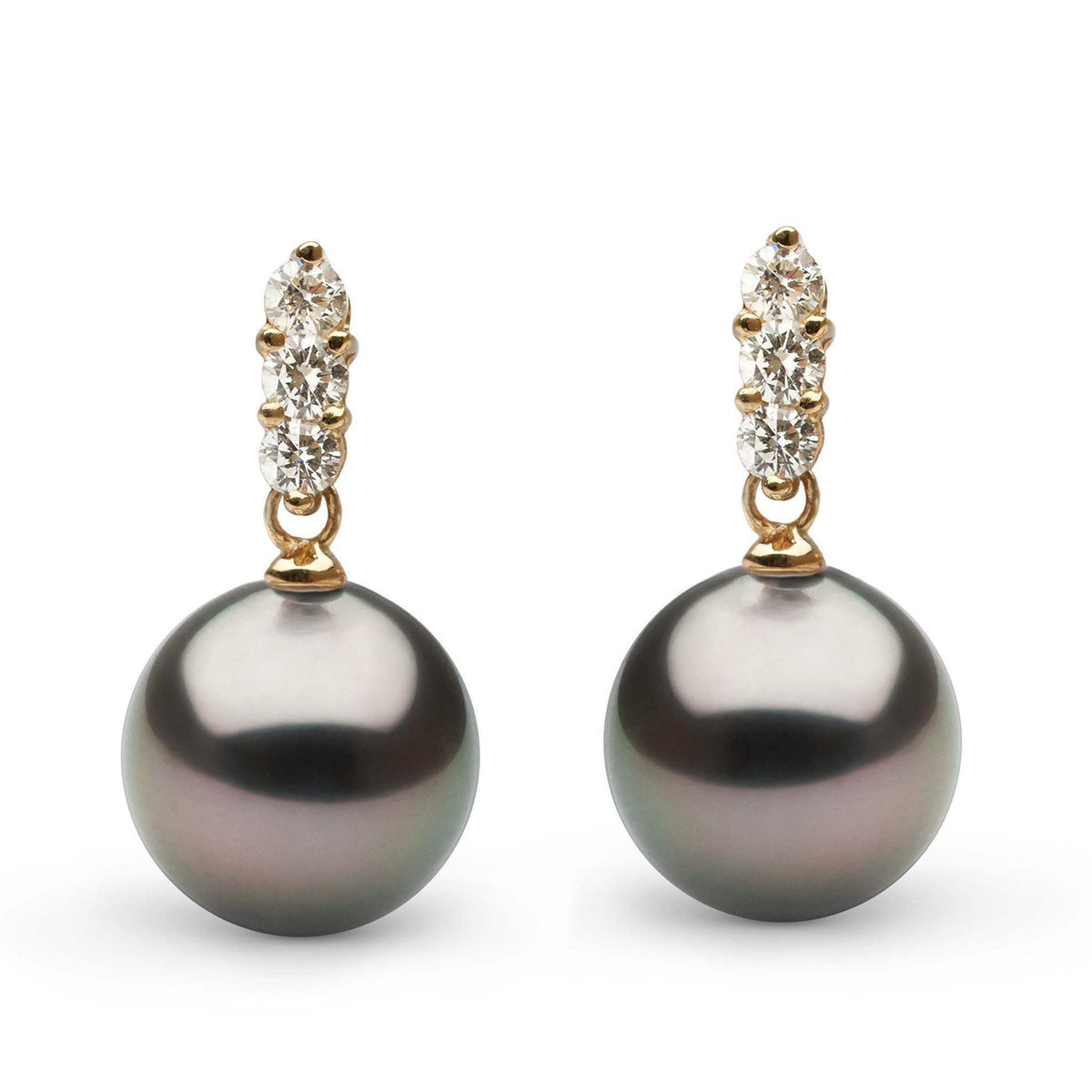 Trio Collection Tahitian 11.0-12.0 mm Pearl and Diamond Earrings featuring lustrous dark Tahitian pearls accented by a row of sparkling diamonds on gold settings.