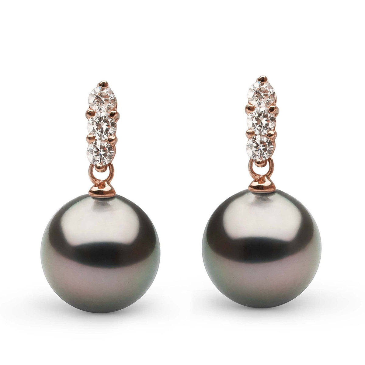 Trio Collection Tahitian 11.0-12.0 mm Pearl and Diamond Earrings featuring lustrous dark Tahitian pearls accented with sparkling diamonds on elegant settings.
