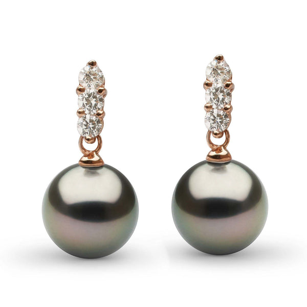 Pair of Trio Collection Tahitian 9.0-10.0 mm Pearl and Diamond Earrings featuring lustrous black Tahitian pearls accented with a trio of sparkling diamonds on rose gold settings.