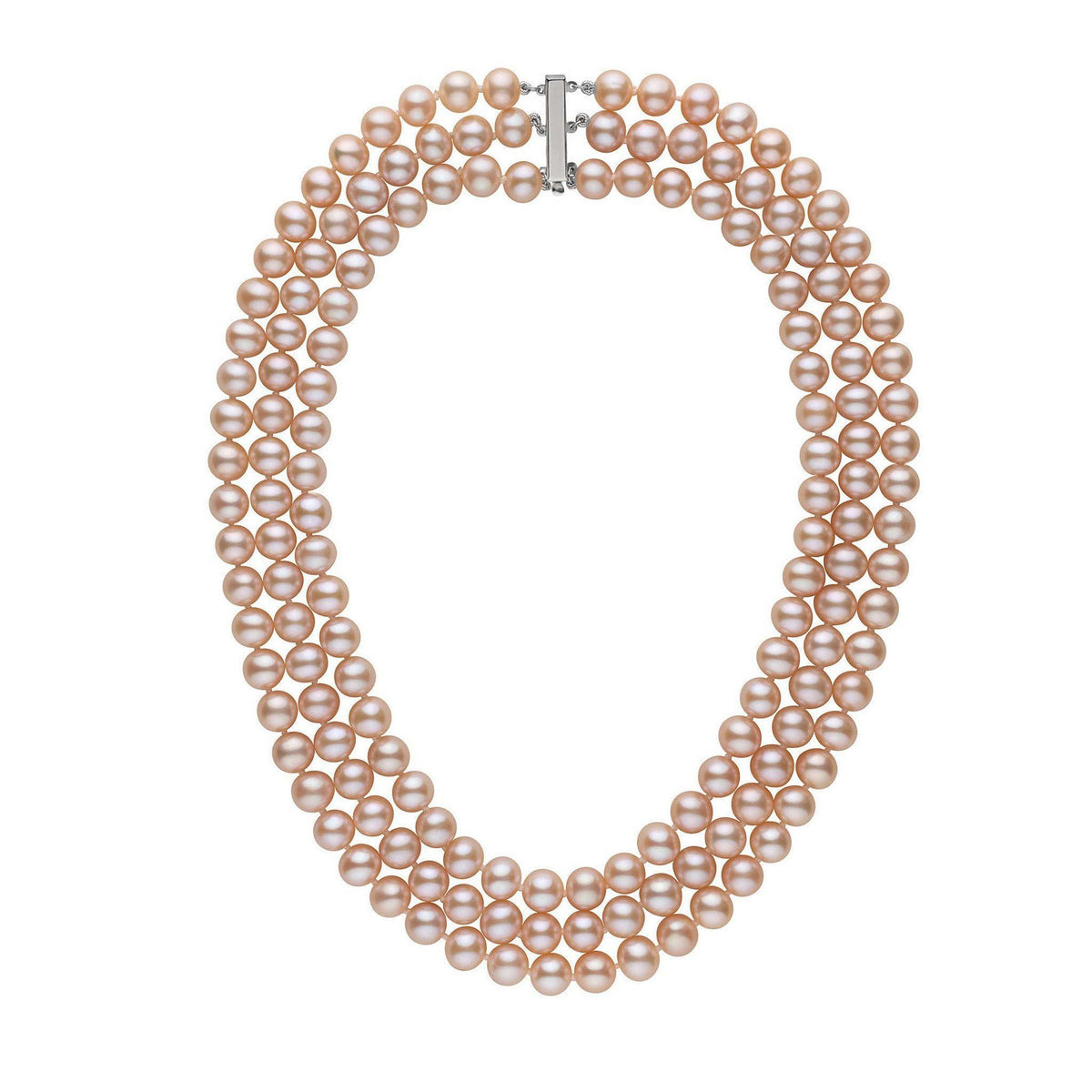 A triple strand of pink to peach freshwater pearl beads with a 14-karat gold clasp.