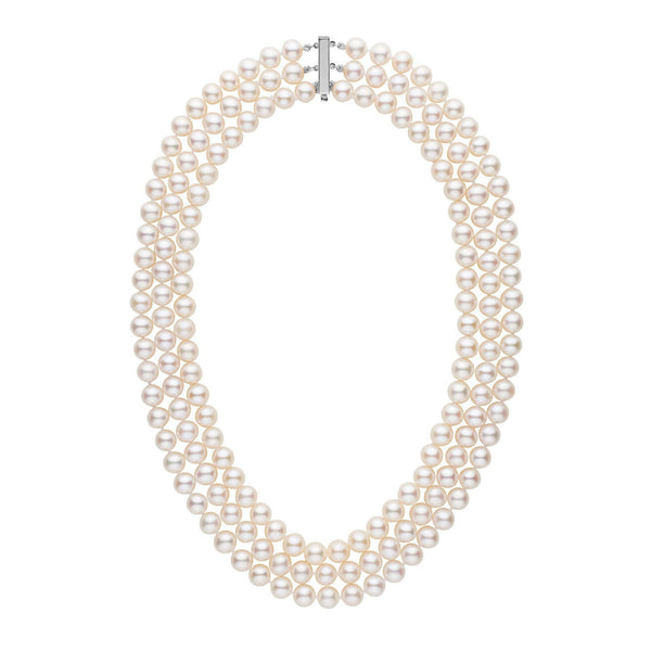 Triple Strand 8.5-9.0 mm AAA White Freshwater Pearl Necklace White Gold