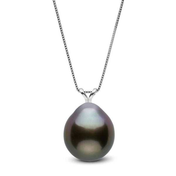Unity Collection 10.0-11.0 mm Drop Tahitian Pearl Pendant featuring a lustrous deep black pearl with subtle green and purple overtones, suspended from a delicate 14K white gold chain.