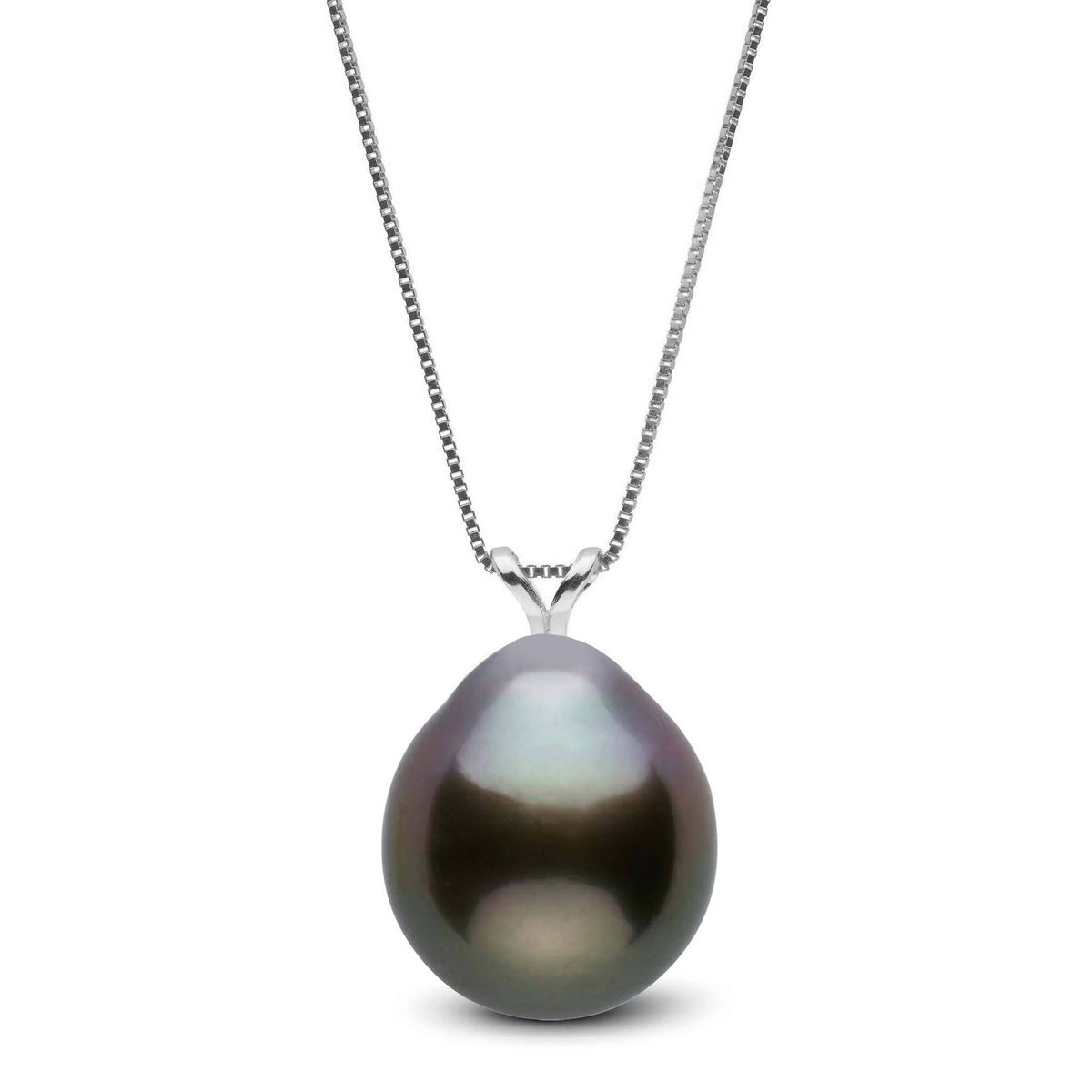 Unity Collection 11.0-12.0 mm Drop Tahitian Pearl Pendant featuring a lustrous dark Tahitian pearl set on a delicate 14K white gold chain, ideal for elegant occasions.