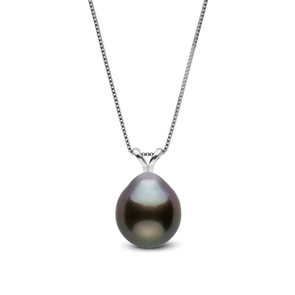 Unity Collection 8.0-9.0 mm Drop Tahitian Pearl Pendant featuring a lustrous dark tahitian pearl with subtle iridescent hues, suspended on a delicate 14K white gold chain.