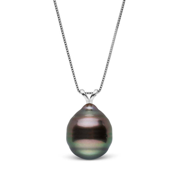 Unity Collection 9.0-10.0 mm Baroque Tahitian Pearl Pendant featuring a lustrous dark pearl with green and purple overtones on a delicate 14K white gold chain.