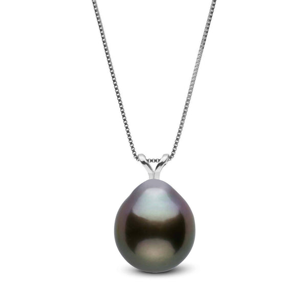 A single drop-shaped Tahitian pearl pendant in dark iridescent tones, hanging from a delicate 14K white gold chain, featuring the Unity Collection 9.0-10.0 mm Drop Tahitian Pearl Pendant.