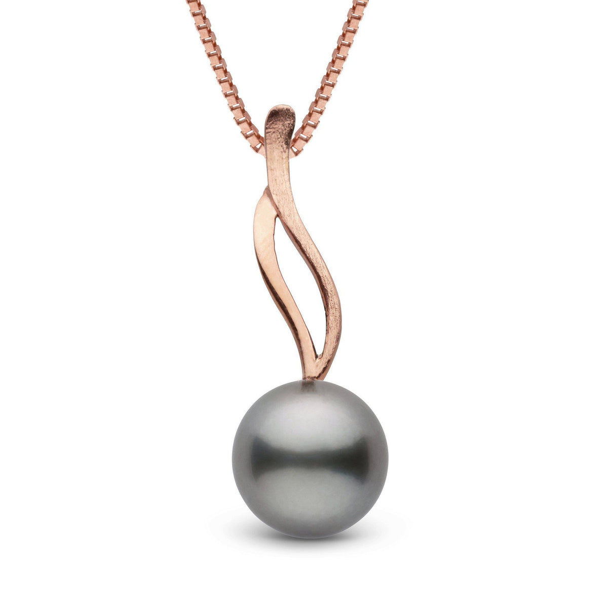 Wisp Collection 10.0-11.0 mm Tahitian Pearl Pendant featuring a lustrous dark grey pearl suspended from an elegant rose gold swirl design on a delicate chain.