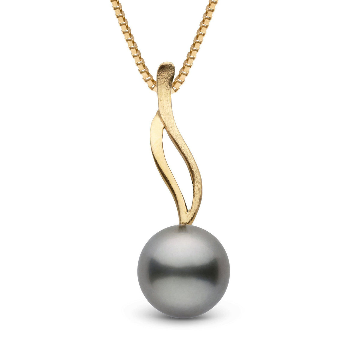 Wisp Collection 10.0-11.0 mm Tahitian Pearl Pendant featuring a lustrous gray Tahitian pearl suspended from an elegant, flowing gold bail on a matching gold chain.