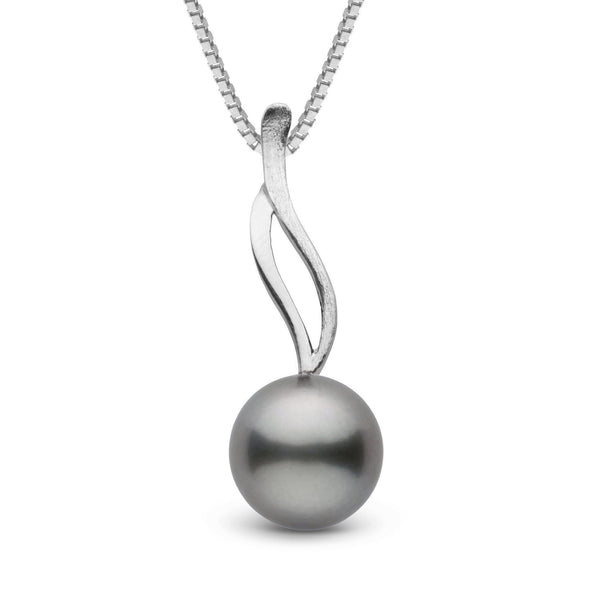 Wisp Collection 10.0-11.0 mm Tahitian Pearl Pendant featuring a smooth dark Tahitian pearl suspended from a sleek, elegant 14K white gold swirl bail on a delicate chain.