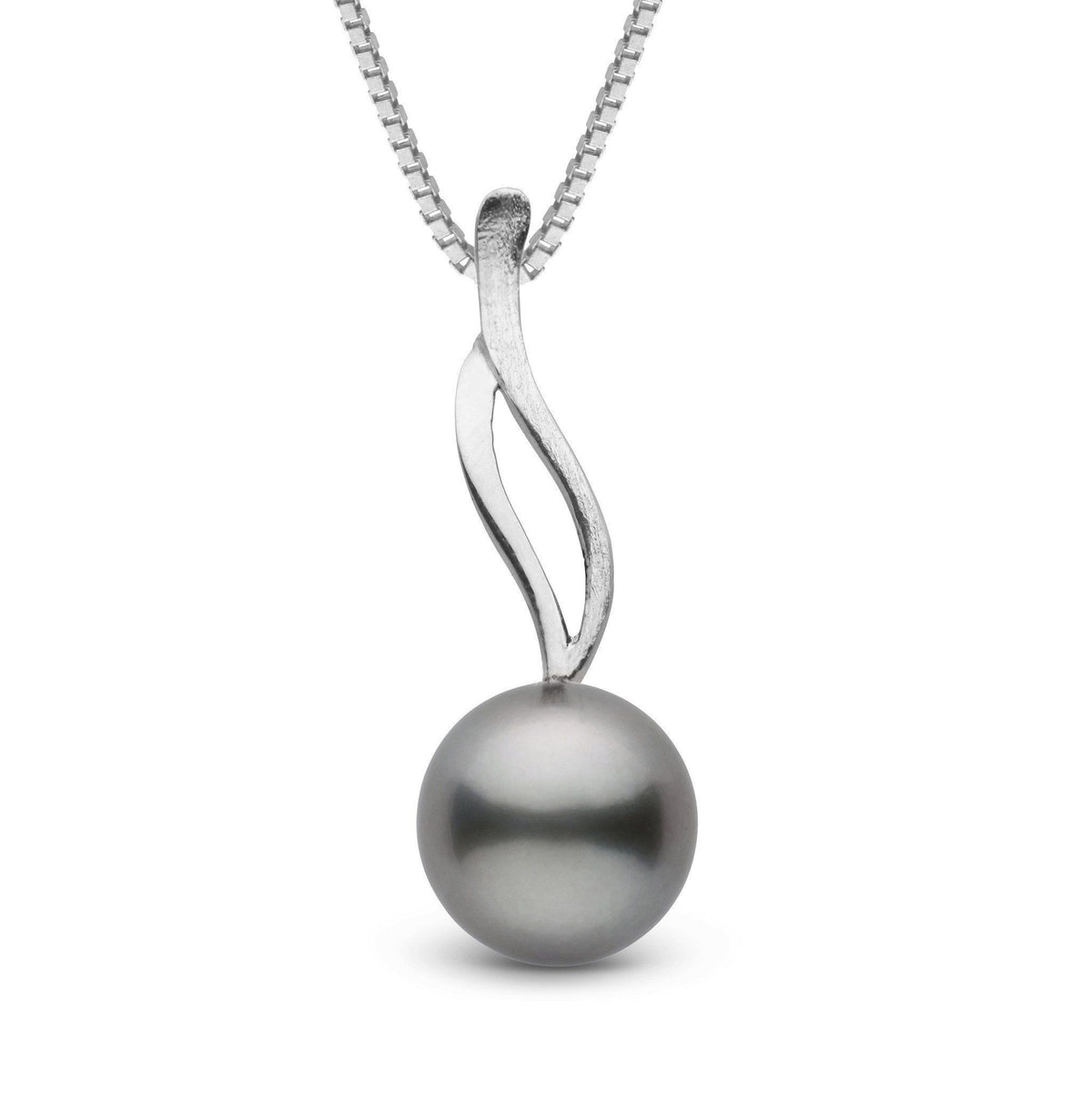 Wisp Collection 10.0-11.0 mm Tahitian Pearl Pendant featuring a smooth dark Tahitian pearl suspended from a sleek, elegant 14K white gold swirl bail on a delicate chain.