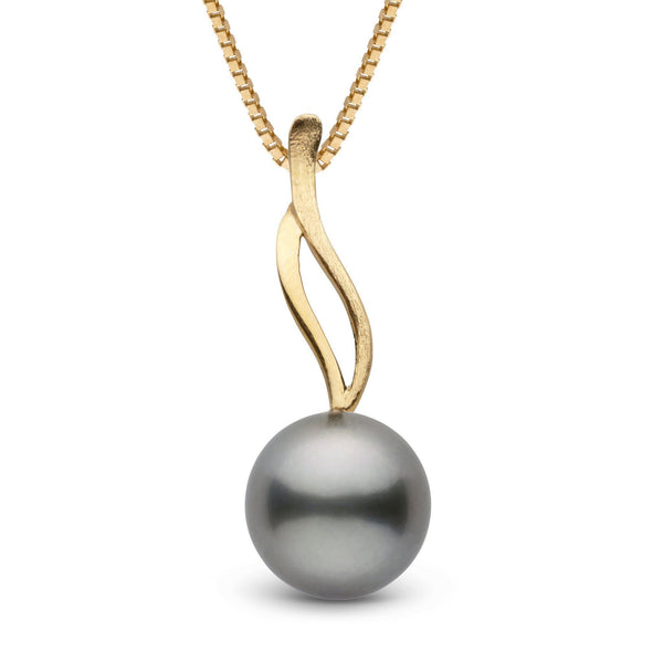 Wisp Collection 11.0-12.0 mm Tahitian Pearl Pendant featuring a lustrous gray Tahitian pearl suspended from a gracefully twisted gold bail on a delicate gold chain.