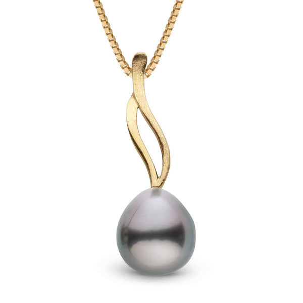 Wisp Collection Tahitian Drop 8.0-9.0 mm Pearl Pendant featuring a lustrous black Tahitian pearl suspended from an elegant gold twisted setting on a gold chain.