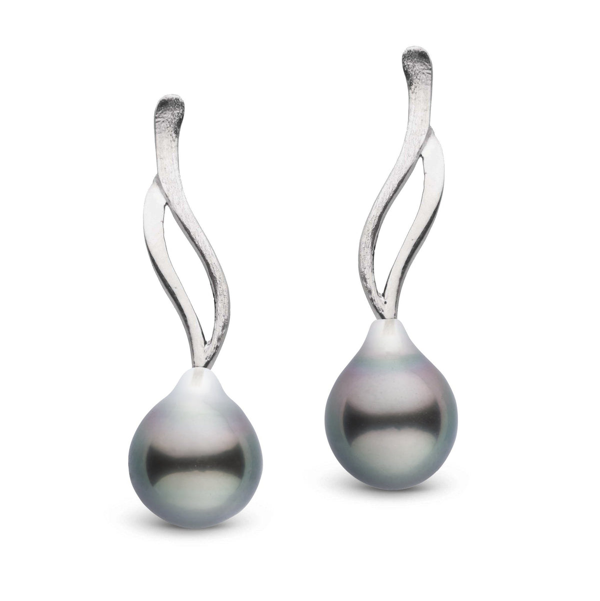 Wisp Collection Tahitian Drop 9.0-10.0 mm Pearl Earrings featuring elegant black tahitian pearls suspended from sleek twisted white gold hooks, perfect for refined style.