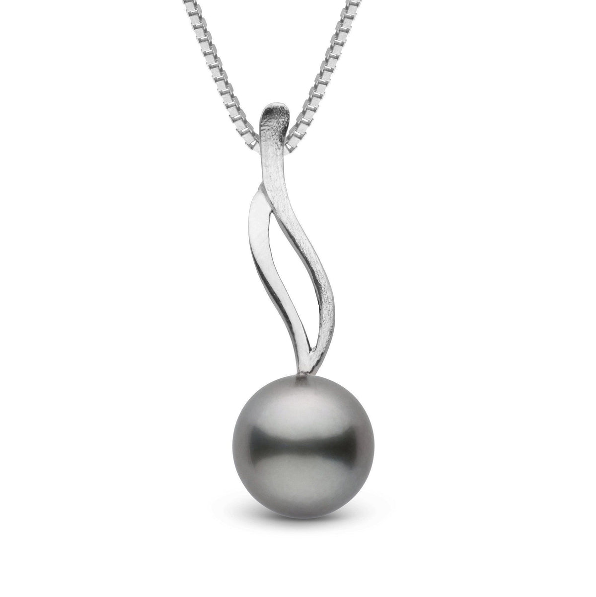 Wisp Collection 9.0-10.0 mm Tahitian Pearl Pendant featuring a lustrous black tahitian pearl set on a sleek 14K white gold pendant with an elegant curved design on a 14K white gold chain.