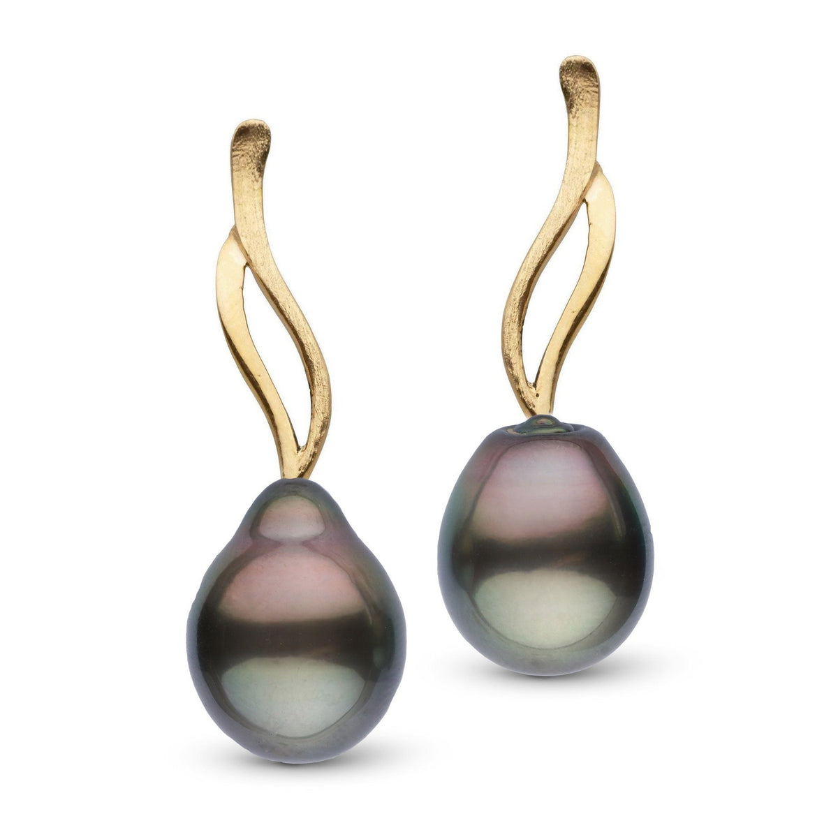 Elegant Wisp Collection Tahitian Drop 11.0-12.0 mm Pearl Earrings featuring lustrous black Tahitian pearls with fluid gold hooks, perfect for a refined, sophisticated look.