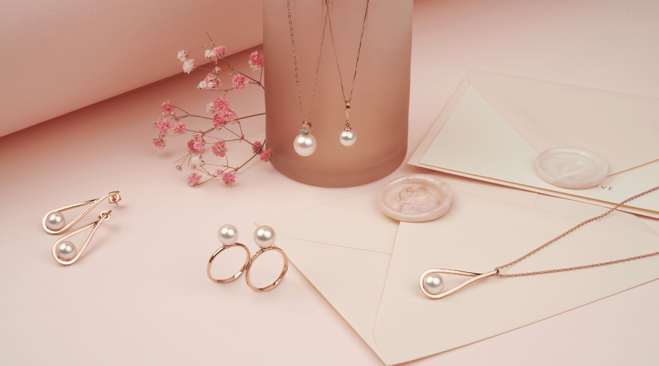 Rose Gold Pearl Earrings, Pendants, and Rings styled for the Rose Gold Collection 