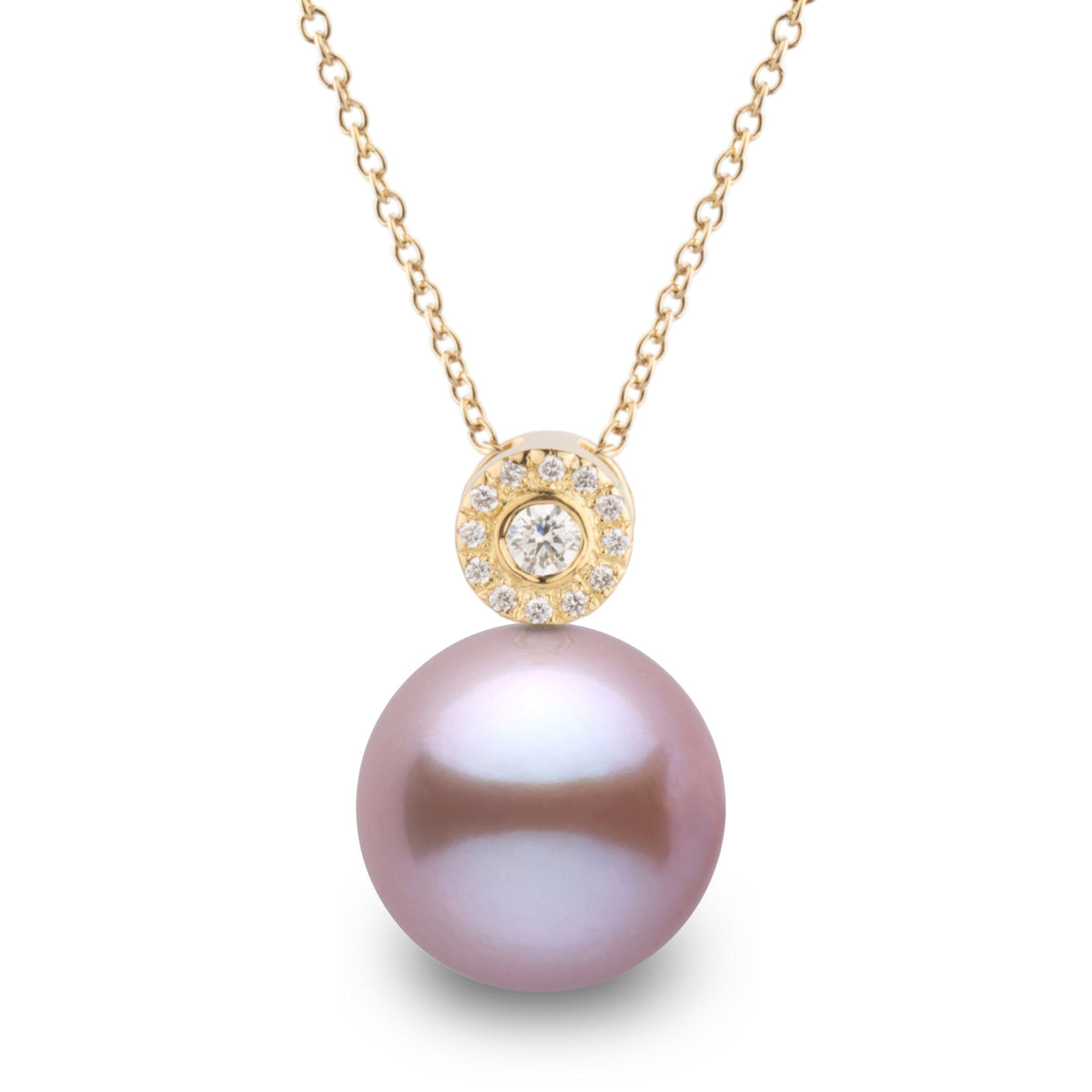 Aura Collection 10.0-11.0 mm Lavender Freshadama Pearl and Diamond Pendant in 14K White Gold on a Box Chain