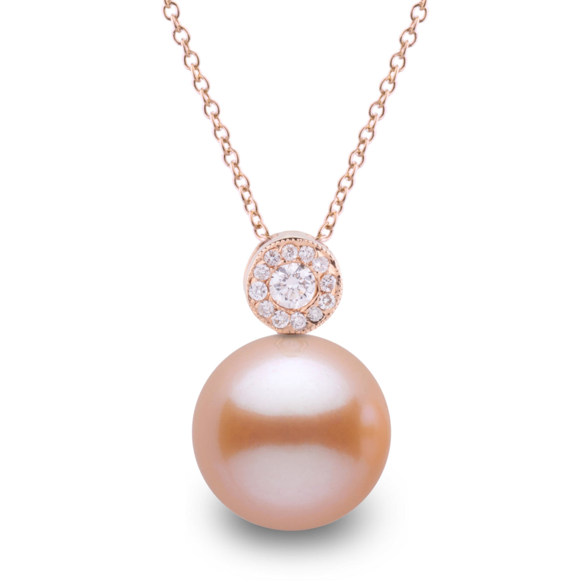 Aura Collection 10.0-11.0 mm Pink to Peach Freshadama Pearl and Diamond Pendant in 14K White Gold on a Box Chain
